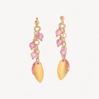 Orecchini A Perno Di Argento 925 Con Foglie Di Argento E Zirconi Ovali Sfaccettato 15x50mm Rosa