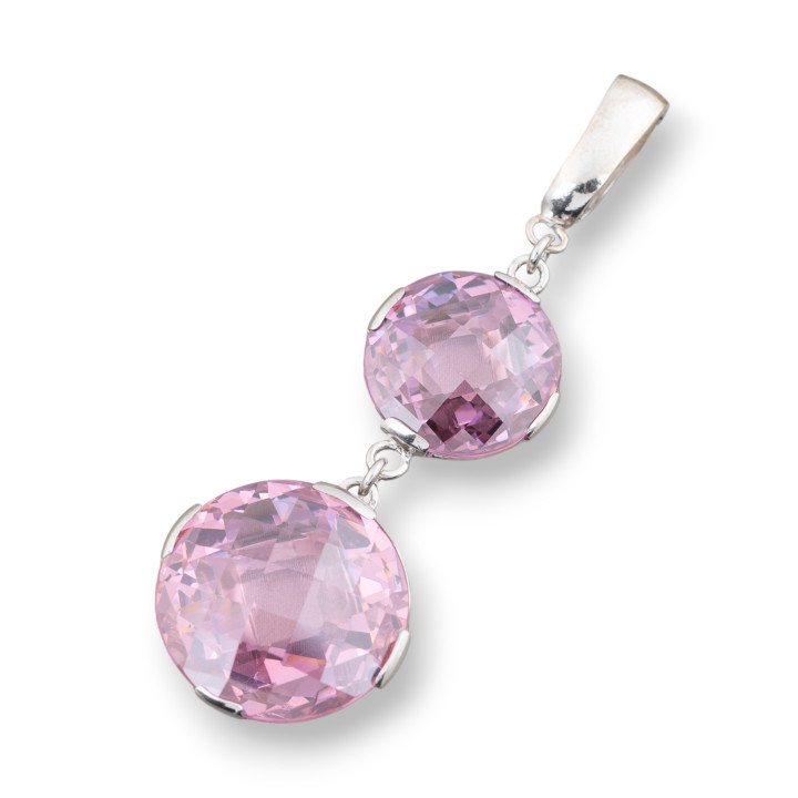 Pendente Di Argento 925 Con Doppio Zircone Tondo Piatto Sfaccettato 22x64mm