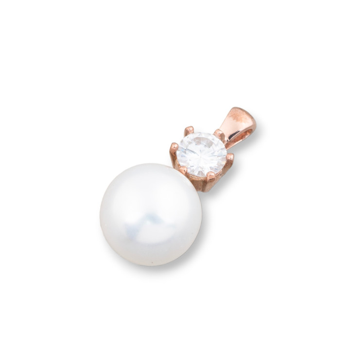 Pendente Di Argento 925 Con Perle Di Maiorca Bianca E Zircone Bianco 12x24mm