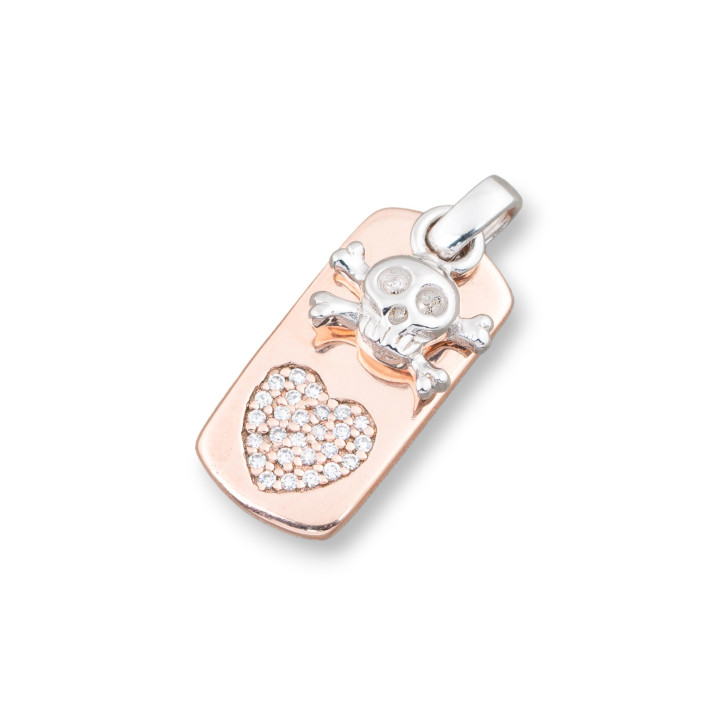 Pendente in Argento 925 Medaglietta Oro Rosa Cuore Con Teschio Pendente E Zirconi a Forma di Cuore 10x25mm