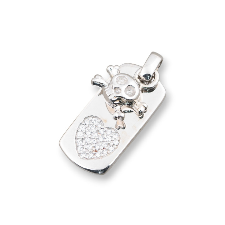 Pendenti Di Argento 925 Medaglietta Cuore Con Teschio Pirata Pendente E Zirconi 10x25mm