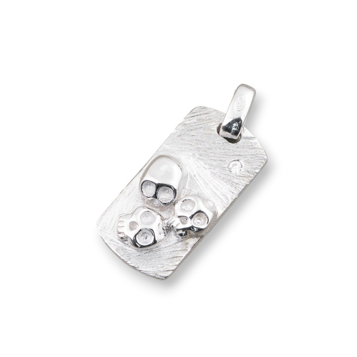Pendenti Di Argento 925 Medaglietta Satinata Con Tre Teschi E Zircone 10x25mm