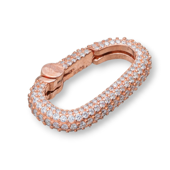 Chiusura Gancio A Scatto Di Argento 925 Con Zirconi Micropave' Ovale 16x27mm 1pz Oro Rosa