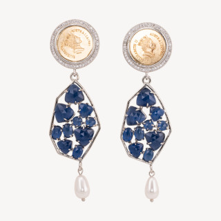 Orecchini A Perno Di Bronzo Con Moneta E Pietre Blu Con Goccia Perla Maiorca