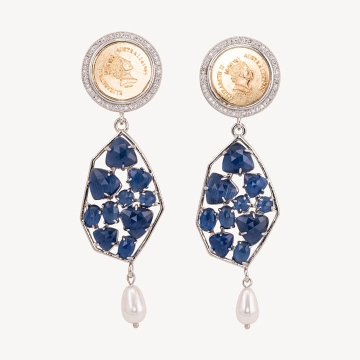 Orecchini A Perno Di Bronzo Con Moneta E Pietre Blu Con Goccia Perla Maiorca