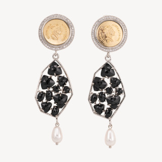 Orecchini A Perno Di Bronzo Con Moneta E Pietre Nere Con Goccia Perla Maiorca