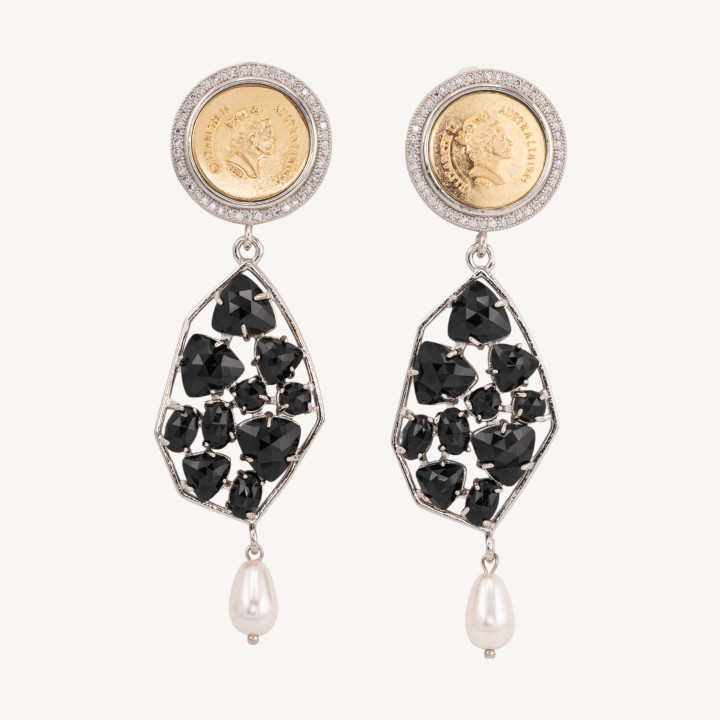 Orecchini A Perno Di Bronzo Con Moneta E Pietre Nere Con Goccia Perla Maiorca