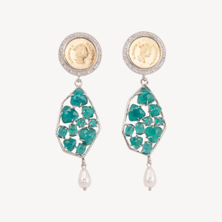 Orecchini A Perno Di Bronzo Con Moneta E Pietre Verdi Con Goccia Perla Maiorca