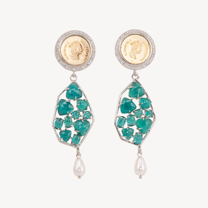 Orecchini A Perno Di Bronzo Con Moneta E Pietre Verdi Con Goccia Perla Maiorca