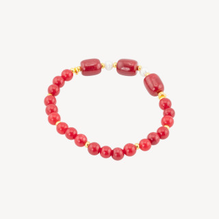 Bracciale Elastico con Pietre Dure e Perle Di Fiume con Ematite Dorata e Giada Rosso