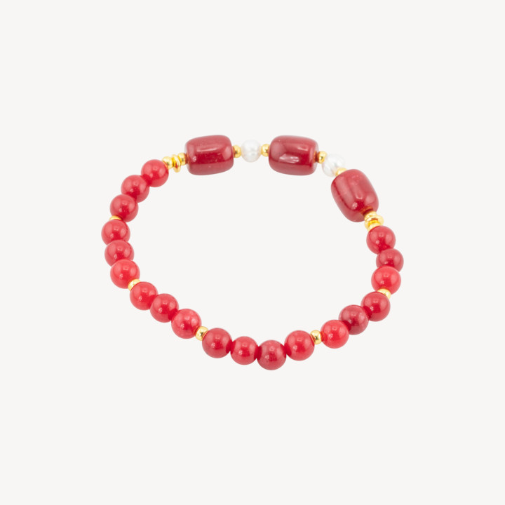 Bracciale Elastico con Pietre Dure e Perle Di Fiume con Ematite Dorata e Giada Rosso