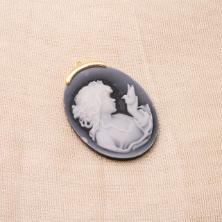 Componente Connettore Di Argento 925 Cammeo Di Agata Naturale Inciso A Mano MADE IN ITALY Ovale Nero Dorato 30x42mm 1pz MOD.1