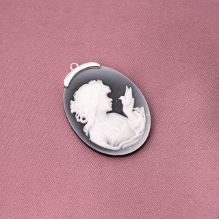 Componente Connettore Di Argento 925 Cammeo Di Agata Naturale Inciso A Mano MADE IN ITALY Ovale Nero Rodiato 30x42mm 1pz MOD.1