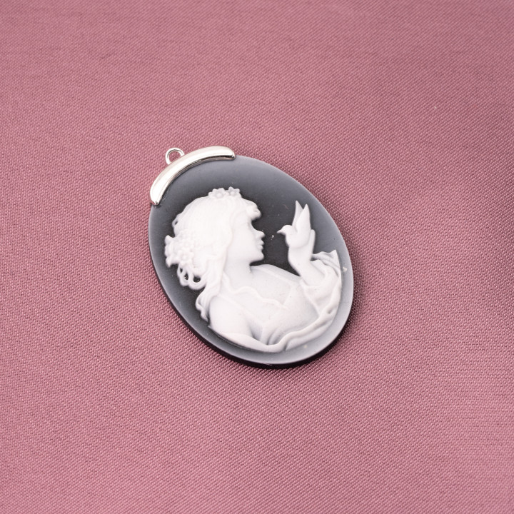 Componente Connettore Di Argento 925 Cammeo Di Agata Naturale Inciso A Mano MADE IN ITALY Ovale Nero Rodiato 30x42mm 1pz MOD.1