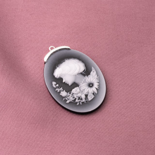 Componente Connettore Di Argento 925 Cammeo Di Agata Naturale Inciso A Mano MADE IN ITALY Ovale Nero Rodiato 30x42mm 1pz MOD.3