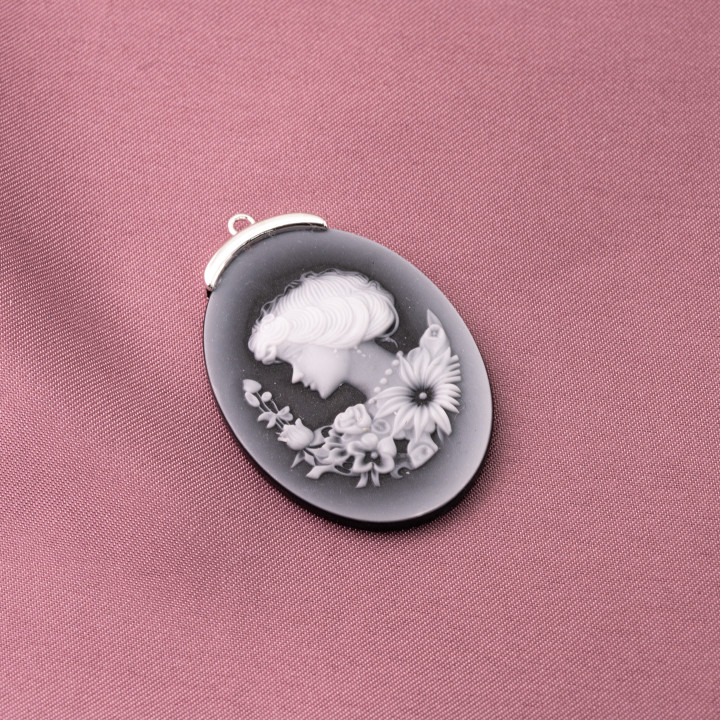 Componente Connettore Di Argento 925 Cammeo Di Agata Naturale Inciso A Mano MADE IN ITALY Ovale Nero Rodiato 30x42mm 1pz MOD.3