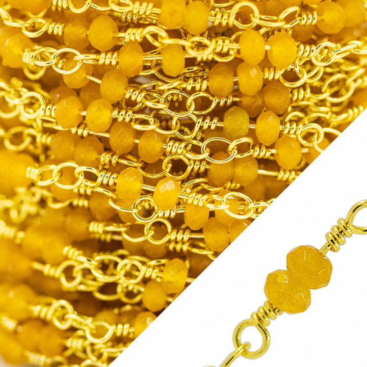 Rosenkranzkette mit Jade facettierte Rondelle 3,5 mm mit Goldschmiedeknoten 10 Meter Gelb