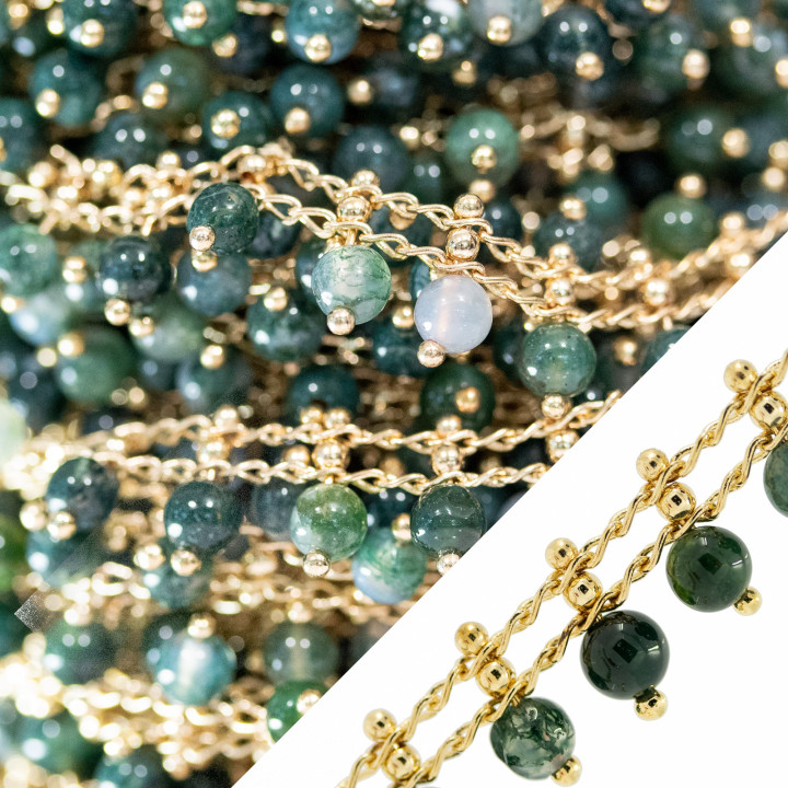 Rosary Chain With Semi-precious Stones Smooth Spheres 4mm Golden Moss Agate 10 Meters