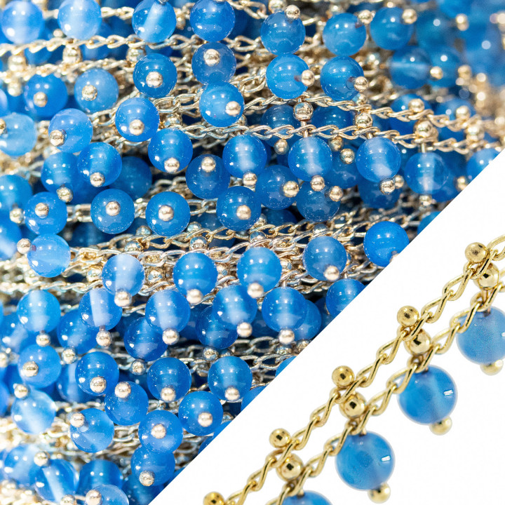 Chaîne Chapelet Pierres Dures Sphères Lisses 4mm Bleu Doré 10 Mètres