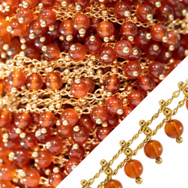 Catena Rosario Di Ottone Con Pietre Dure Sfere Lisce 4mm Dorato Corniola 10 Metri