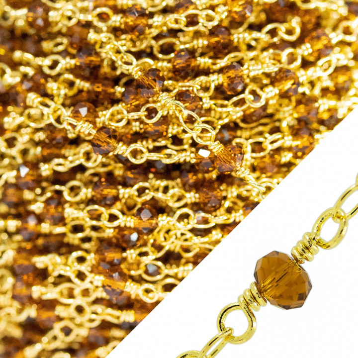 Catena Rosario Di Ottone Cristalli Rondelle Sfaccettate 4x3mm Con Nodo Orafo 10 Metri Dorato Marrone
