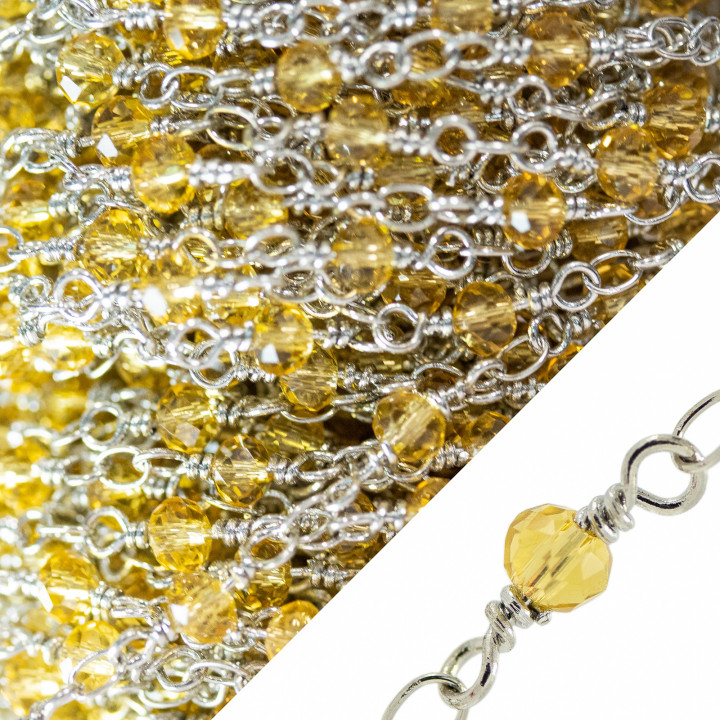 Chapelet Chaîne De Cristaux Rondelles Facettes 4x3mm Avec Noeud D'orfèvre 10 Mètres Rhodium Citrine