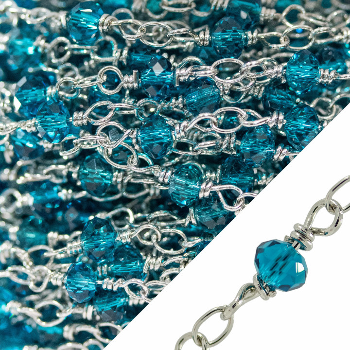 Brass Rosary Chain Crystals Faceted Washers 4x3mm With Goldsmith's Knot 10 Meters Rhodium-plated Petrol