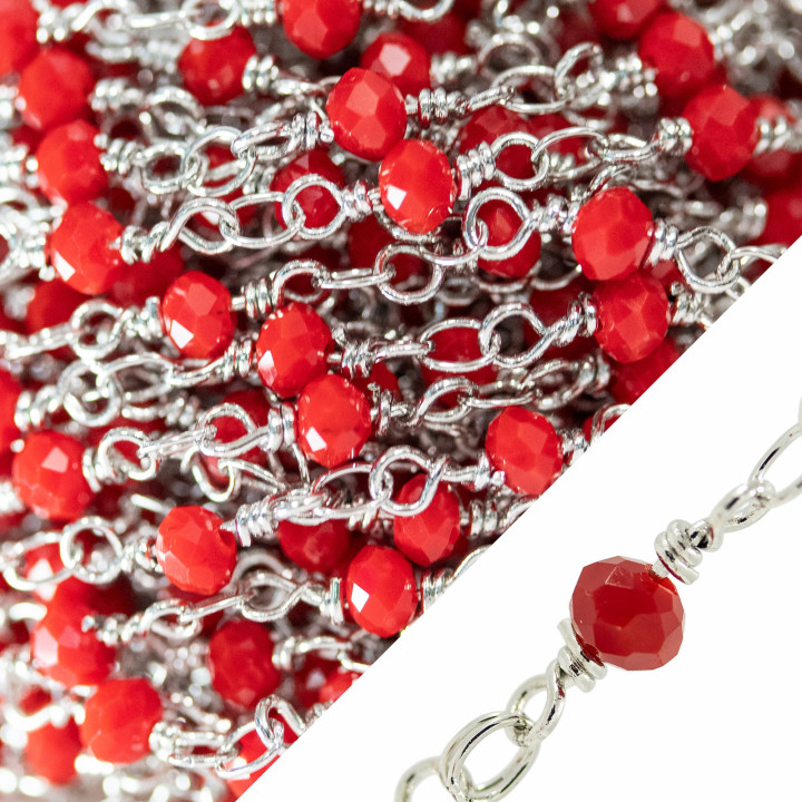 Chapelet Chaîne De Cristaux Rondelle Facette 4x3mm Avec Noeud Orfèvre 10 Mètres Plein Rhodium Rouge