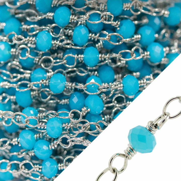 Catena Rosario Di Ottone Cristalli Rondelle Sfaccettate 4x3mm Con Nodo Orafo 10 Metri Rodiato Turchese