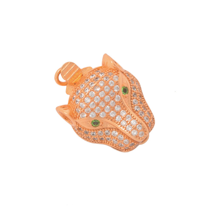 Fermoir en argent 925 avec zircons tête de panthère 13x27mm 2pcs or rose avec oeil vert