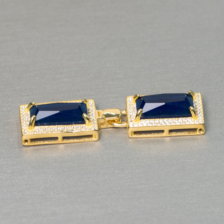 Fermoir Multi-rangs En Argent Sterling 925 Avec Zircons Et Topaze Rectangle CZ 12x45mm Bleu Doré 1Pc