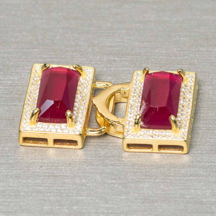 Cierre Multivueltas De Plata De Ley 925 Con Circonitas Y Topacio CZ Rectangular 19x30mm Rubí Dorado 1Pz