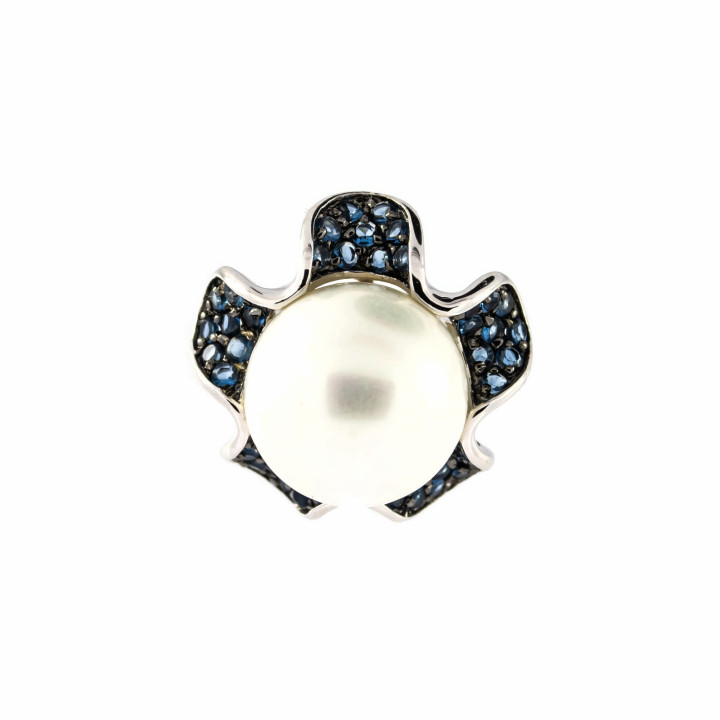 Ciondolo Pendente Di Argento 925 Con Zirconi Blu 5 Petali E Perle Di Maiorca 19mm