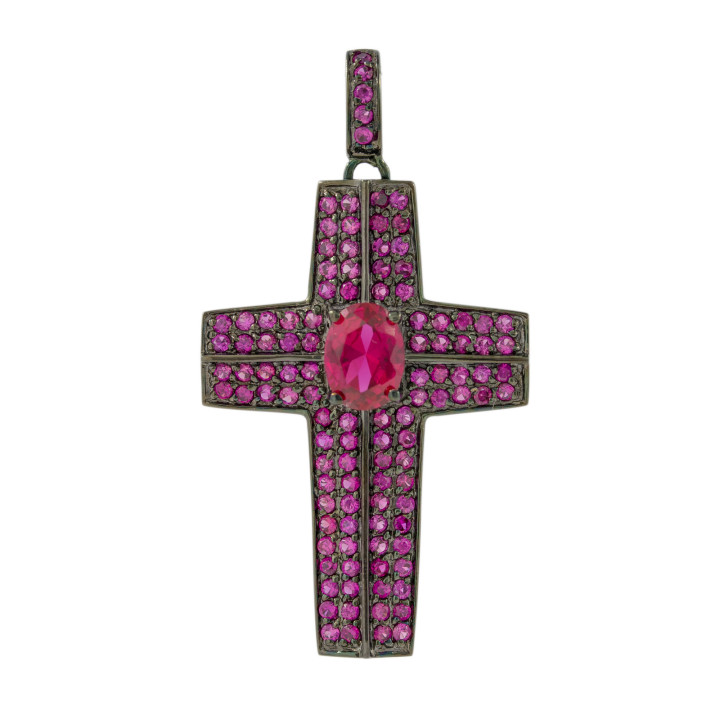 Ciondolo Pendente Di Argento 925 Croce Brunita Con Zirconi Ruby 25x45mm