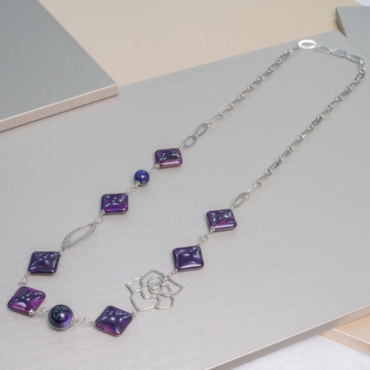 Collana Di Agata Viola Fantasia Con Catena Ovale E Componenti Di Ottone 84cm
