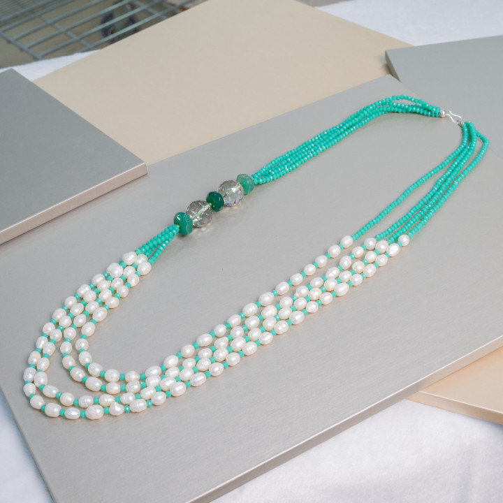 Freshwater Pearl Necklace with Crystals and Semi-precious Stones 4 Strands 80cm MOD3