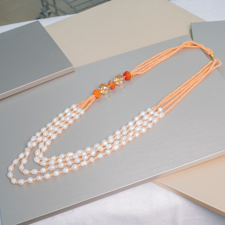 Collana Di Perle Di Fiume Con Cristalli E Pietre Dure 4 Fili 80cm MOD4
