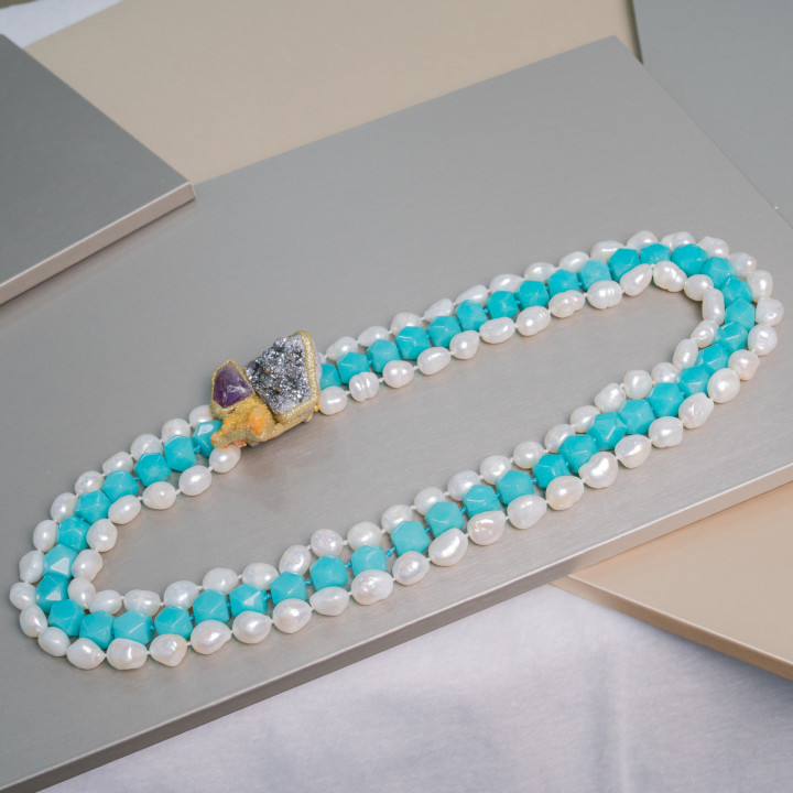 Collar De Piedras Preciosas Y Perlas De Río De 3 Hileras Con Centro De Piedras Doradas En Bruto 65cm