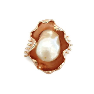 Central Bronze Component With Baroque River Pearls 33x26mm 3pcs Rose Gold