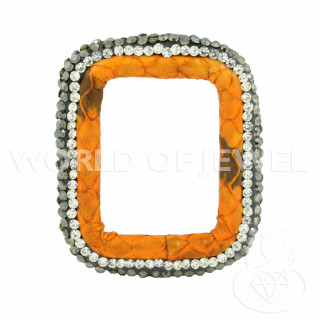 Component With Marcasite Rhinestones And Leather Perforated Rectangle 33x40mm 1pc Orange