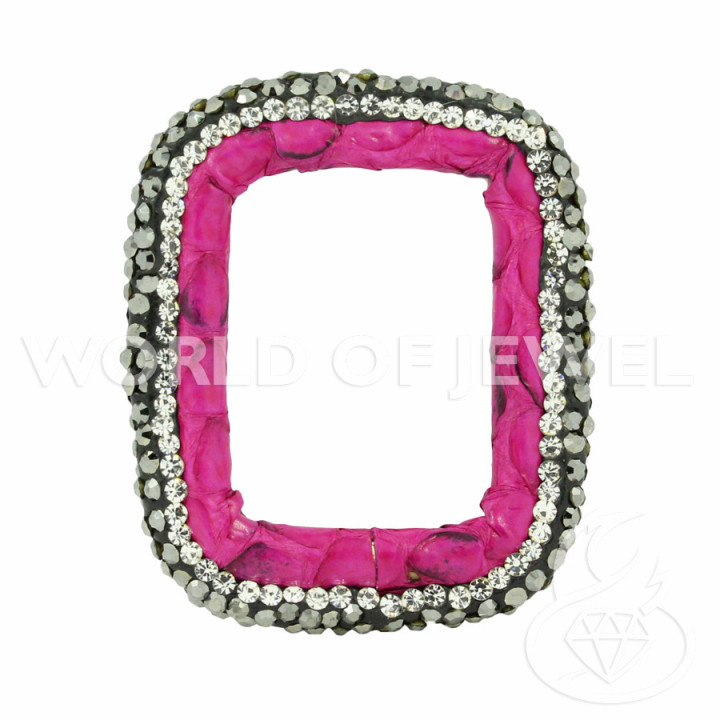 Componente Con Strass De Marcasita Y Cuero Rectangular Perforado 33x40mm 1ud Fucsia