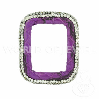 Component With Marcasite Rhinestones And Leather Perforated Rectangle 33x40mm 1pc Purple