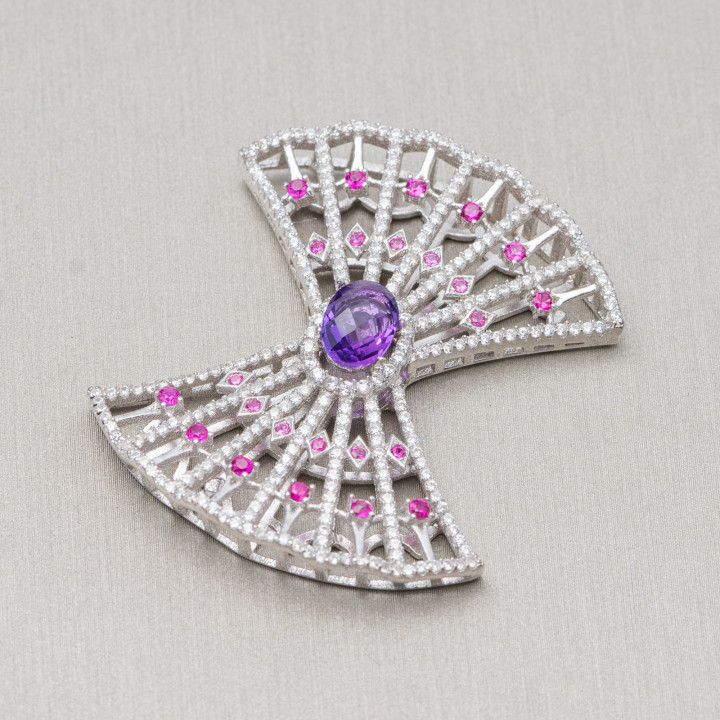 Componente Connettore Centrale Di Argento 925 Con Zirconi 36x41mm 1pz MOD2