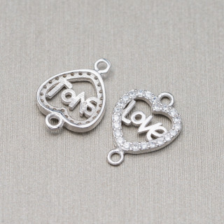 Conector Componente De Plata 925 Con Circonitas Con 2 Anillos Corazón Amor 11mm Rodio 10pcs