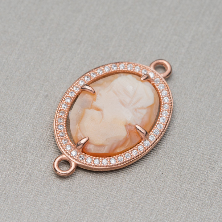 Componente Connettore Di Argento 925 Con Zirconi E Cammeo Italiano 16x21mm 2pz MOD2 Oro Rosa