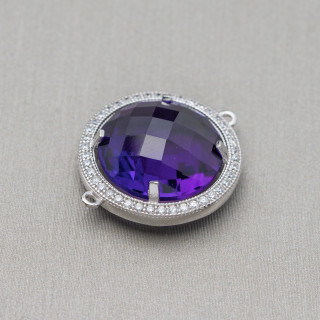 Komponentenverbinder aus 925er Silber mit Zirkonen und hydrothermalen Steinen, runder Kreis, 19 mm, 2 Stück, Amethyst, Rhodium