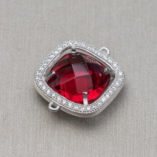 Komponentenverbinder aus Silber 925 mit Zirkonen und hydrothermalen Steinen quadratisch 17mm rot rhodiniert 2St