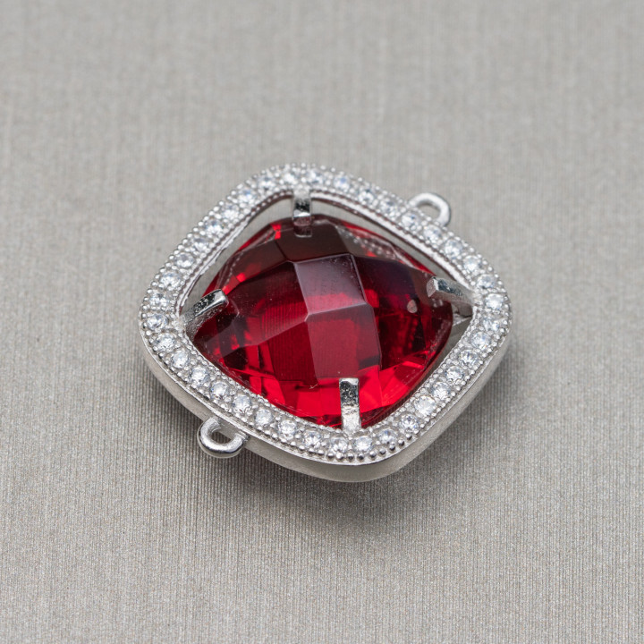 Connector Component Of 925 Silver With Zircons And Hydrothermal Stones Square 17mm Red Rhodium Plated 2pcs