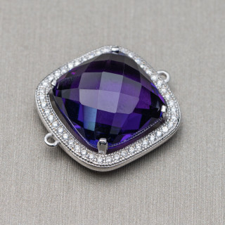 Connector Component Of 925 Silver With Zircons And Hydrothermal Stones Square 19mm 2pcs Amethyst Rhodium Plated
