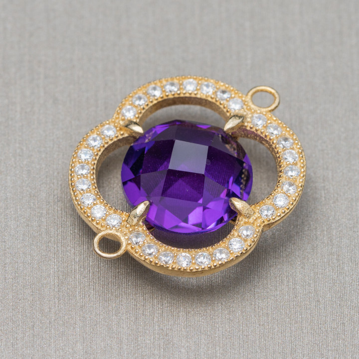 Verbindungselement 925 Silber mit Zirkonen und Hydrothermalsteinen Vierblättriges Kleeblatt 20mm Goldener Amethyst 2St